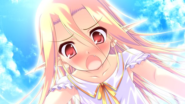 Anime picture 1280x720 with colorful cure moric (artist) long hair blush open mouth blonde hair red eyes wide image game cg pointy ears teeth loli fang (fangs) girl sundress