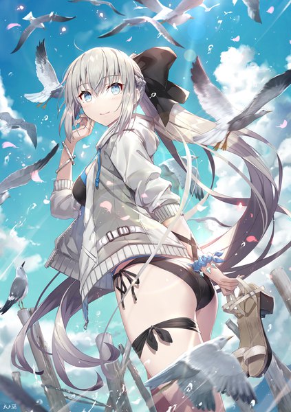 Anime picture 1200x1702 with fate (series) fate/grand order morgan le fay (fate) gabiran single tall image looking at viewer fringe blue eyes light erotic smile hair between eyes holding sky silver hair cloud (clouds) ahoge outdoors ponytail very long hair