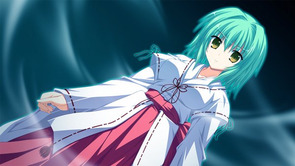 Anime picture 1280x720 with fortissimo//akkord:bsusvier (game) ooba kagerou short hair wide image yellow eyes game cg green hair miko girl