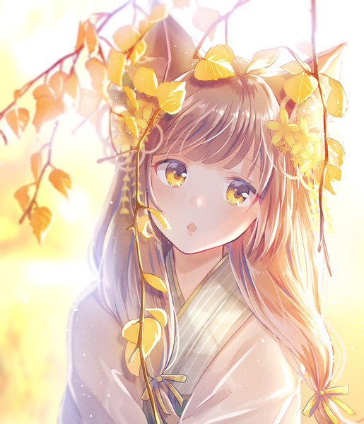 Anime picture 1184x1378 with original hazakura konoha myusha single long hair tall image blush fringe open mouth brown hair brown eyes animal ears looking away upper body blunt bangs traditional clothes japanese clothes :o fox ears revision