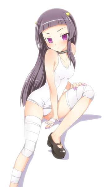 Anime picture 1024x1741 with kami nomi zo shiru sekai lune (kaminomi) yuto (dialique) single long hair tall image light erotic black hair simple background white background purple eyes nail polish girl bandage (bandages) white school swimsuit