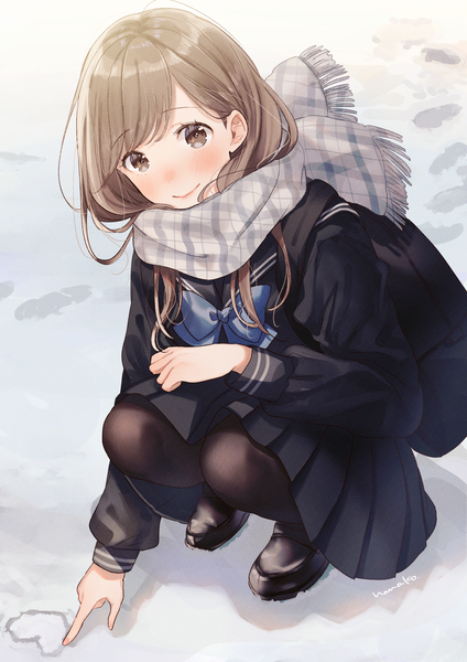 Anime picture 1157x1637 with original hanako151 single long hair tall image looking at viewer blush smile brown hair brown eyes signed full body winter snow squat footprints girl pantyhose heart black pantyhose
