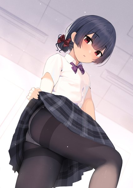 Anime picture 2480x3508 with idolmaster idolmaster shiny colors morino rinze gin00 single tall image looking at viewer blush fringe highres short hair open mouth light erotic black hair hair between eyes red eyes standing bent knee (knees) ass indoors