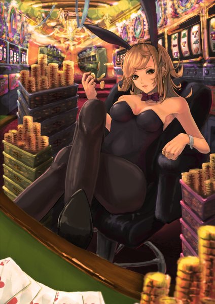 Anime picture 1415x2000 with original motida (artist) single tall image short hair brown hair sitting brown eyes bunny ears legs crossed legs bunny girl casino girl bunnysuit card (cards) slot machine