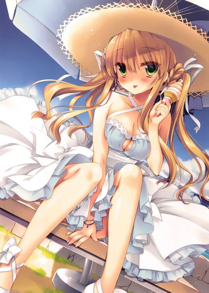 Anime picture 2139x3000 with original miyasu risa single long hair tall image looking at viewer blush highres breasts light erotic blonde hair green eyes scan girl hat food sweets tongue sundress ice cream