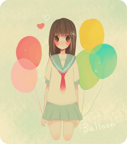 Anime picture 1500x1700 with original bisco long hair tall image blush simple background brown hair brown eyes kneeling girl uniform hair ornament school uniform serafuku necktie heart balloon