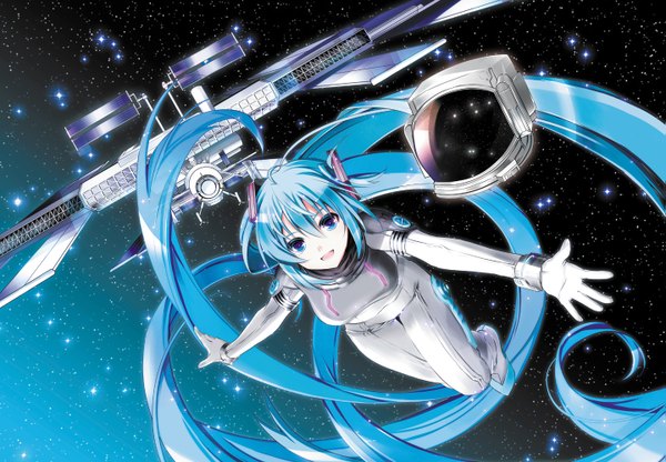 Anime picture 1439x1000 with vocaloid hatsune miku yuuki kira single long hair open mouth blue eyes twintails blue hair space girl star (stars) helmet pilot suit spacecraft space shuttle