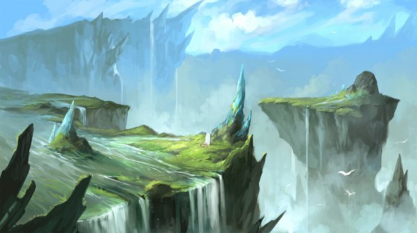 Anime picture 1000x561 with original sandara wide image sky mountain landscape river rock waterfall animal water bird (birds) tombstone