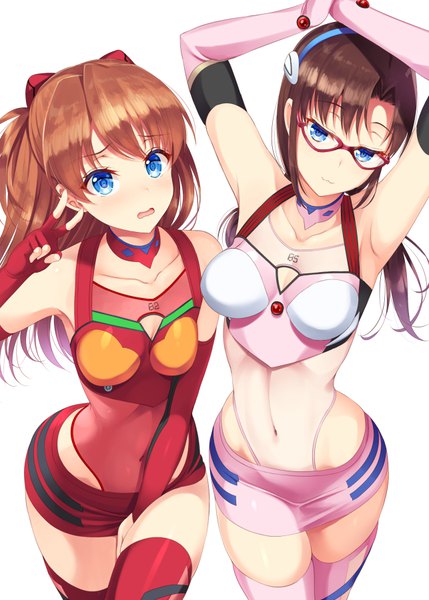 Anime picture 643x900 with neon genesis evangelion gainax soryu asuka langley makinami mari illustrious asahina hikage long hair tall image looking at viewer fringe breasts open mouth blue eyes light erotic simple background hair between eyes brown hair standing white background bare shoulders multiple girls