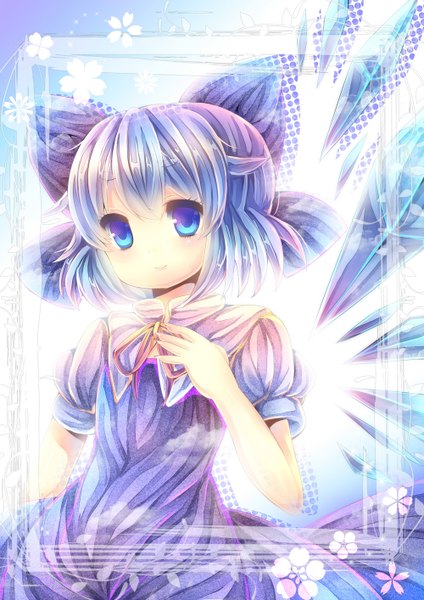 Anime picture 1000x1414 with touhou cirno pjrmhm coa single tall image looking at viewer blush short hair blue eyes smile blue hair framed girl dress bow hair bow wings