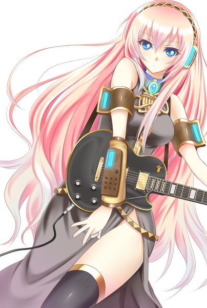 Anime picture 3093x4592 with vocaloid megurine luka violet sit single long hair tall image highres blue eyes simple background white background bare shoulders pink hair absurdres girl headphones vest guitar