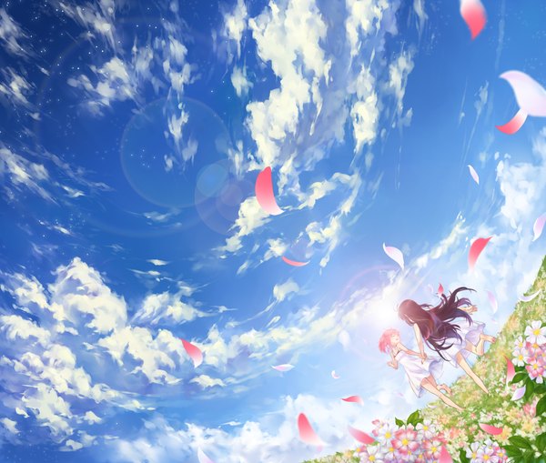 Anime picture 1800x1528 with mahou shoujo madoka magica shaft (studio) akemi homura kaname madoka azmodan long hair highres short hair open mouth black hair smile multiple girls pink hair sky cloud (clouds) eyes closed barefoot holding hands field girl