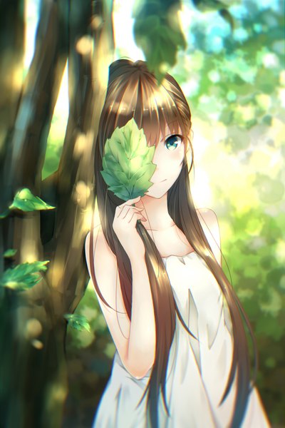 Anime picture 1280x1920 with original quan (kurisu tina) single long hair tall image looking at viewer fringe breasts blue eyes smile brown hair standing holding sunlight leaning sleeveless covering eye (eyes) girl plant (plants) tree (trees)