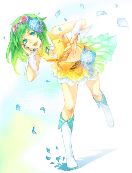 Anime picture 1000x1308 with vocaloid gumi comin (artist) single tall image looking at viewer breasts open mouth full body hair flower aqua eyes green hair happy sunglasses on head girl skirt navel hair ornament flower (flowers) detached sleeves