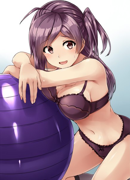 Anime picture 872x1200 with kantai collection hagikaze (kantai collection) kamelie single long hair tall image looking at viewer blush fringe breasts open mouth light erotic simple background large breasts sitting brown eyes cleavage purple hair ahoge :d