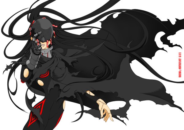 Anime picture 3698x2629 with deadman wonderland shiro (deadman wonderland) red man single highres black hair white background very long hair torn clothes scar spoilers girl cloak mask
