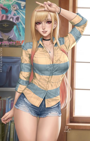 Anime picture 1931x3000 with sono bisque doll wa koi wo suru cloverworks kitagawa marin black lobelia sciamano240 single long hair tall image looking at viewer fringe highres breasts blonde hair smile large breasts standing signed cleavage indoors blunt bangs