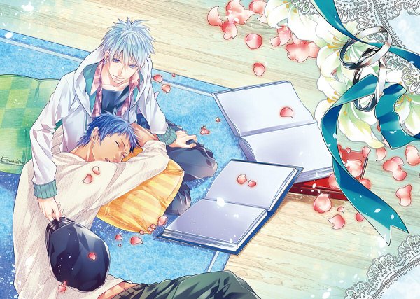 Anime picture 1200x855 with kuroko no basket production i.g kuroko tetsuya aomine daiki komashiro short hair blue eyes sitting blue hair eyes closed from above multiple boys dark skin shounen ai boy flower (flowers) ribbon (ribbons) petals pillow book (books)