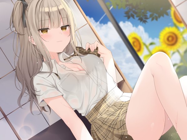 Anime picture 2240x1680 with original mafuyu (chibi21) single long hair looking at viewer blush fringe highres breasts light erotic sitting holding yellow eyes payot sky cleavage cloud (clouds) bent knee (knees) indoors blunt bangs