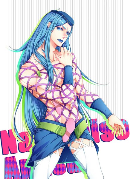 Anime picture 827x1141 with jojo no kimyou na bouken narciso anasui ou (804958937) single long hair tall image looking at viewer blue eyes light erotic blue hair character names lipstick eyebrows muscle striped background hand on shoulder blue lipstick thighhighs boy white thighhighs