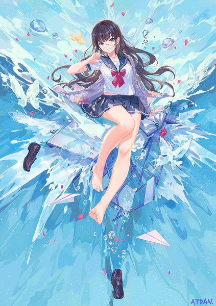 Anime picture 1215x1722 with original atdan single long hair tall image looking at viewer fringe blue eyes black hair smile sitting signed full body blunt bangs pleated skirt barefoot open clothes bare legs grin shoes removed