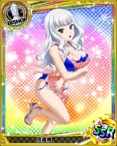 Anime picture 640x800 with highschool dxd hanakai momo single long hair tall image looking at viewer breasts open mouth blue eyes light erotic cleavage white hair torn clothes card (medium) girl swimsuit bikini apron