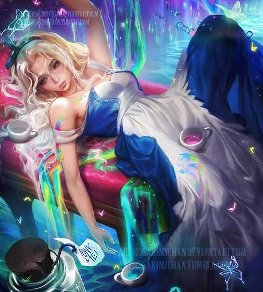 Anime picture 900x1000 with alice in wonderland alice (alice in wonderland) sakimichan single long hair tall image breasts blonde hair bare shoulders brown eyes signed looking away bent knee (knees) lying head tilt arm up from above lips realistic inscription