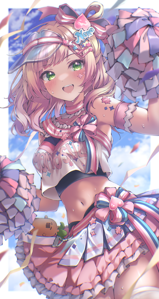 Anime picture 2400x4500 with virtual youtuber hololive momosuzu nene nekko (momosuzu nene) momosuzu nene (4th costume) absent single tall image looking at viewer blush fringe highres short hair breasts open mouth light erotic blonde hair smile standing bare shoulders