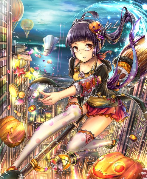 Anime picture 986x1200 with original hourainingyou single long hair tall image black hair twintails brown eyes halloween flying polka dot girl thighhighs dress hair ornament white thighhighs glasses hairband broom jack-o'-lantern