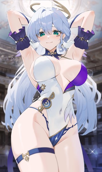 Anime picture 2084x3515 with honkai: star rail honkai (series) robin (honkai: star rail) nvl single long hair tall image looking at viewer fringe highres breasts light erotic smile hair between eyes large breasts standing signed silver hair aqua eyes arms up