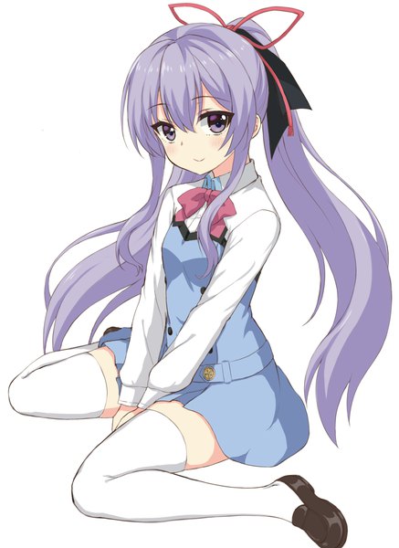 Anime picture 1240x1700 with ore ga suki nano wa imouto dakedo imouto janai nagami suzuka xingnai single long hair tall image looking at viewer blush fringe open mouth simple background hair between eyes white background sitting purple eyes payot purple hair full body ponytail light smile