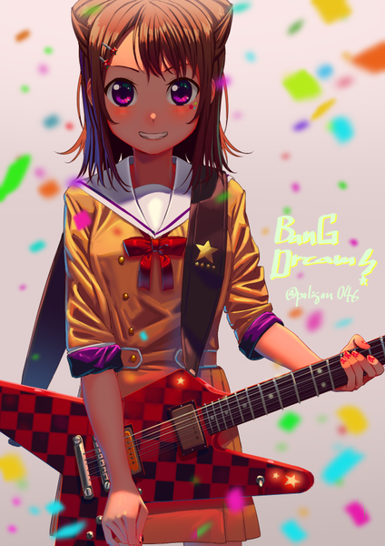 Anime picture 620x877 with bang dream! toyama kasumi poligon (046) single tall image looking at viewer blush short hair smile brown hair standing purple eyes signed nail polish copyright name twitter username checkered twisty sleeves girl uniform