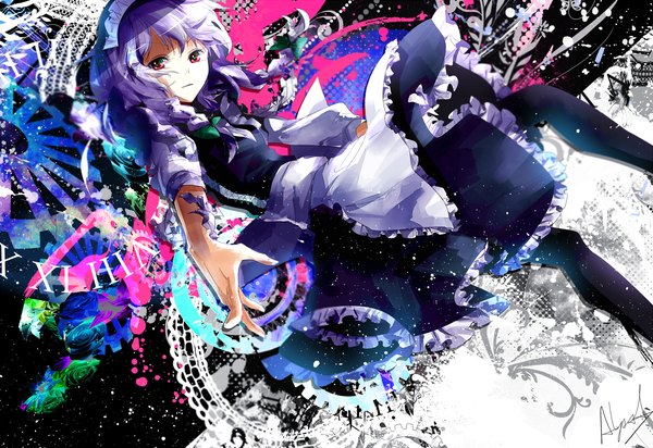 Anime picture 1200x824 with touhou izayoi sakuya alyssa single looking at viewer short hair purple eyes purple hair braid (braids) maid twin braids glow girl bow hair bow shirt pantyhose frills headdress maid headdress