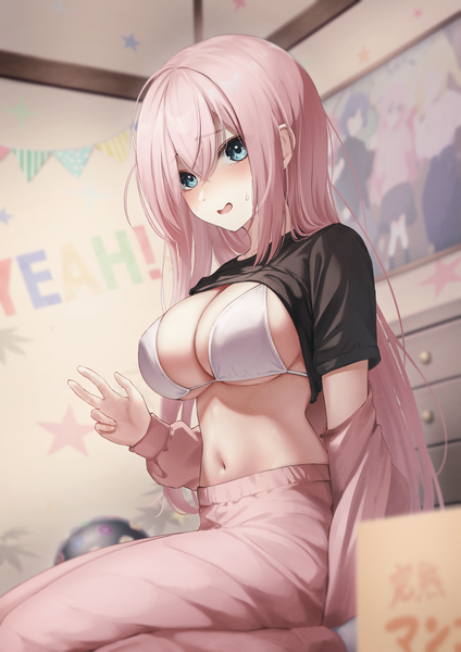 Anime picture 1386x1960 with bocchi the rock! cloverworks gotou hitori marinesnow single long hair tall image looking at viewer blush fringe breasts open mouth blue eyes light erotic hair between eyes large breasts sitting pink hair indoors long sleeves