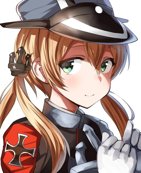 Anime picture 1219x1500 with kantai collection prinz eugen (kantai collection) belko single long hair tall image looking at viewer blush fringe blonde hair simple background smile hair between eyes white background twintails green eyes upper body low twintails iron cross girl