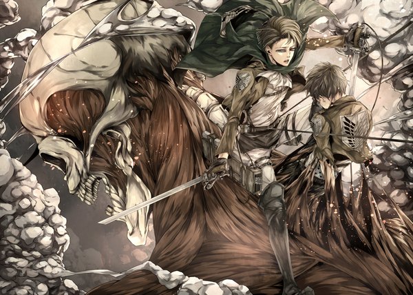 Anime picture 1863x1332 with shingeki no kyojin production i.g eren yaeger levi (rivaille) naplus highres short hair brown hair holding muscle silver eyes steam dual wielding skeleton giant boy gloves weapon sword boots