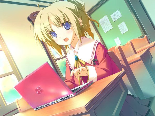 Anime picture 1600x1200 with happy margaret minahase karin kokonoka single blush short hair open mouth blue eyes blonde hair sitting payot game cg ahoge loli girl uniform school uniform sweets cake laptop