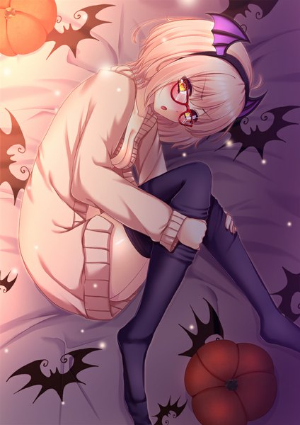 Anime picture 778x1100 with kyoukai no kanata kyoto animation kuriyama mirai toshi (1-147) single tall image blush short hair light erotic blonde hair yellow eyes head wings girl pantyhose wings glasses black pantyhose sweater