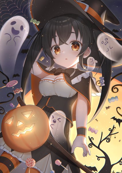 Anime picture 1653x2338 with original nisiko (0nisiko) single long hair tall image looking at viewer fringe black hair hair between eyes twintails sparkle from below orange eyes halloween ghost bad proportions girl hat pantyhose food