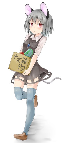 Anime picture 1500x2600 with touhou nazrin netamaru single tall image looking at viewer fringe short hair simple background hair between eyes red eyes white background animal ears full body tail animal tail grey hair running frown carrying