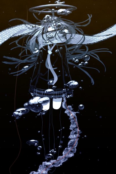 Anime picture 800x1200 with original kawazu single long hair tall image looking at viewer fringe red eyes zettai ryouiki black background pale skin underwater weightlessness girl thighhighs skirt black thighhighs scarf bubble (bubbles)
