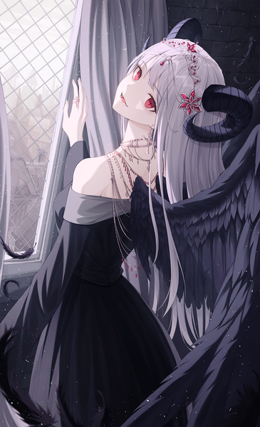 Anime picture 1000x1643 with original yuyo (i iuyo) single long hair tall image looking at viewer blush fringe open mouth smile red eyes standing silver hair indoors blunt bangs nail polish head tilt :d looking back horn (horns)
