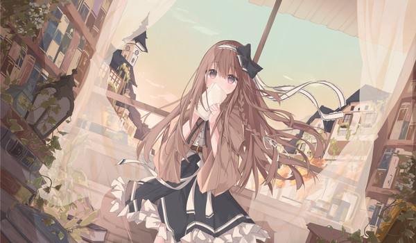 Anime picture 2424x1416 with original kushida you single long hair looking at viewer blush fringe highres hair between eyes brown hair wide image standing holding sky braid (braids) long sleeves pink eyes wide sleeves dutch angle city