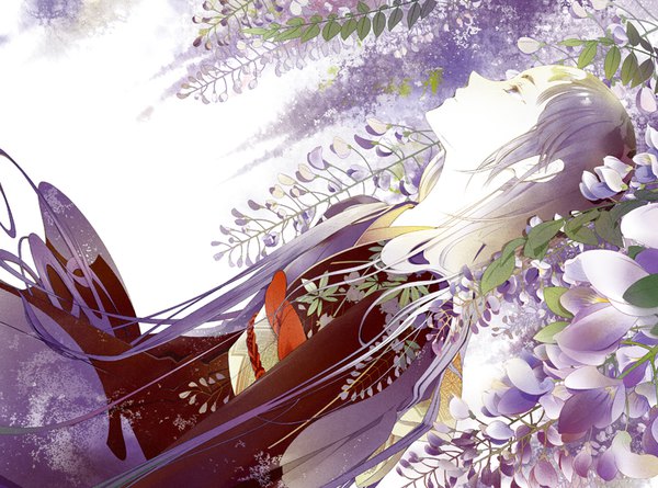 Anime picture 800x594 with original yuki. (artist) single long hair sitting purple eyes payot looking away purple hair upper body traditional clothes japanese clothes profile floral print pale skin girl flower (flowers) kimono leaf (leaves) obi