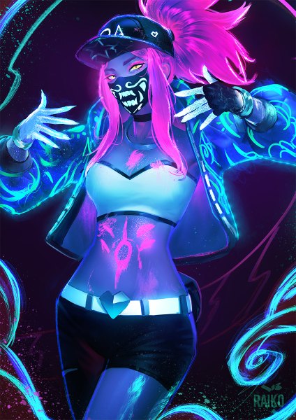 Anime picture 848x1200 with league of legends k/da (league of legends) akali (league of legends) k/da akali raikoart single long hair tall image looking at viewer standing signed yellow eyes payot pink hair cleavage ponytail realistic bare belly midriff eyeshadow