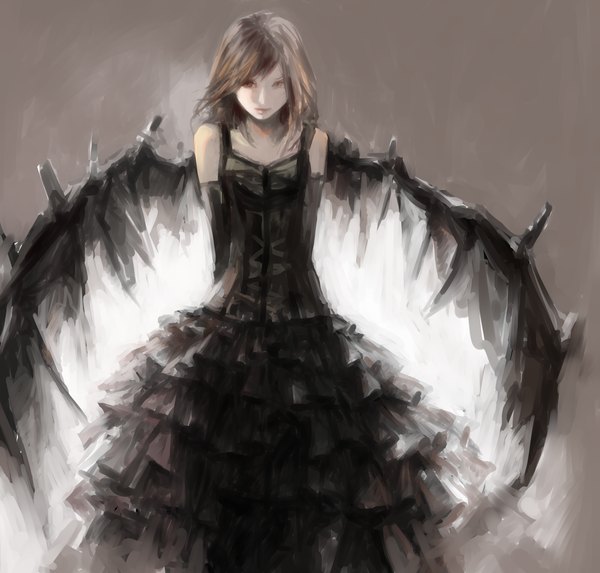 Anime picture 1783x1705 with original tsubu mikan single long hair looking at viewer fringe highres simple background brown hair standing brown eyes parted lips lips hands behind back black wings girl dress gloves wings black gloves