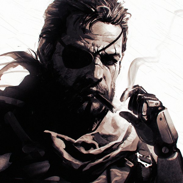 イラスト 1080x1080 と metal gear metal gear solid metal gear solid v: the phantom pain venom snake イリヤ・クブシノブ ソロ 長髪 カメラ目線 白背景 realistic monochrome portrait scar smoke smoking mechanical arms 男性 ヘアバンド 顎鬚 mustache