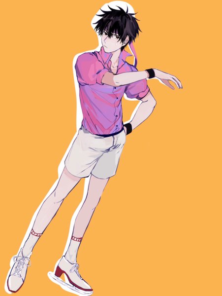 Anime picture 1489x1981 with mob psycho 100 studio bones kageyama ritsu imtangsun single tall image looking at viewer fringe short hair black hair simple background hair between eyes standing full body black eyes bare legs hand on hip sweatdrop lacing orange background