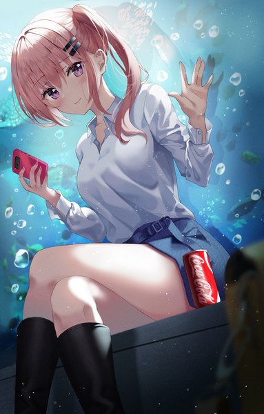Anime picture 3000x4700 with original coca-cola shaffelli single long hair tall image looking at viewer blush fringe highres smile hair between eyes sitting holding payot pink hair nail polish pink eyes fingernails blurry