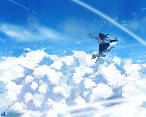 Anime picture 1000x800 with original kurohal long hair blue hair sky cloud (clouds) barefoot spread arms scenic midair girl skirt uniform school uniform animal shirt cat